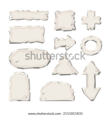 Stone sign board set, UI rock button collection isolated on white background. Rectangle, round tablet. Gray cracked oval boulder panel, arrow, plus. Interface stone button, mobile app element. Vector