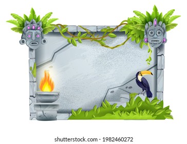 Stone sign board, vector cartoon game rock tablet, jungle tropical leaf, tiki mask, fire, toucan. Gray granite rectangle boulder, exotic maya vine frame, Aztec UI ruin design. Cracked stone sign block