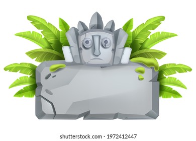 Stone sign board, vector game cartoon rock, tablet, jungle boulder frame, banana leaves, maya totem. Tropical environment design object, ancient civilization tablet. Cracked old stone sign on white