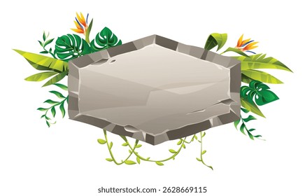 Stone sign with tropical leaves and bird of paradise flowers for jungle decor. Vector cartoon illustration