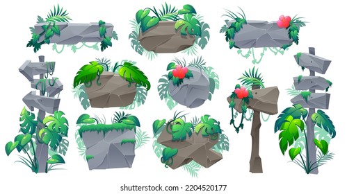 Stone signboards in jungle, pointers and panels with green leaves and lianas. Vector cartoon set of rock boards and direction signs with tropical forest plants and flowers isolated on white background