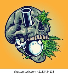 Calavera de piedra con ilustraciones vectoriales de bong de vidrio kush para el logotipo de su trabajo, camiseta de mercadería, pegatinas y diseños de etiquetas, afiche, tarjetas de felicitación compañía o marcas comerciales de publicidad