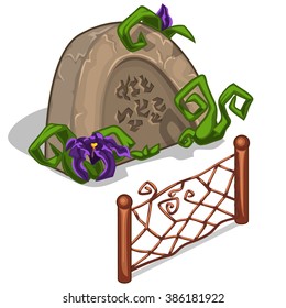 A stone slab with ancient inscriptions. Destroyed metal fence. Vector illustration.