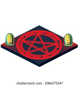 Stone slab depicting a pentagram and two lamps with fire isolated on a white background. Vector cartoon close-up illustration.