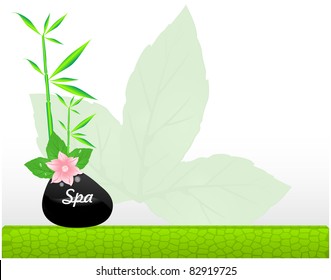 Stone spa treatments with a pink flower and green bamboo shoots on plank
