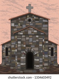 Stone spanish church in visigothic style with bells. vector illustration