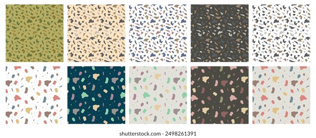 Stone spots, dots and mosaic shapes. Set of seamless patterns with various abstract. Minimalism interesting dynamic design for print, fashion or trendy design project.