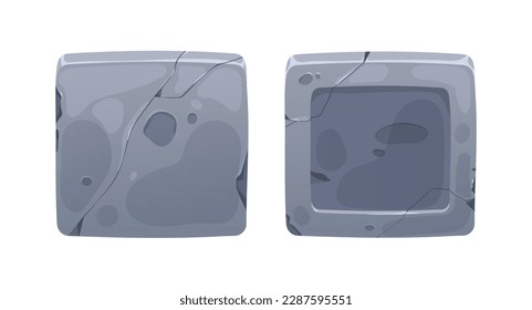 Stone square sliders for gui, game interface. Old metal elements, plates for web navigation, ui. Iron steel textured buttons, keys icons. Flat vector illustration isolated on white background