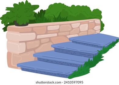 Escalera de piedra con escalones azules que conducen a un jardín. Escalinata al aire libre con vegetación exuberante y ladrillo. Ilustración vectorial del diseño del paisaje de los jardines.