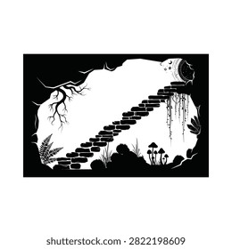 Stone staircase silhouette with celestial elements against a white background