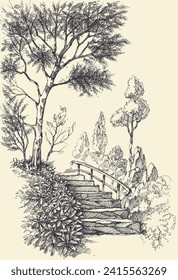 Stone stairs in a park or garden, trees and flowers landscape hand drawing