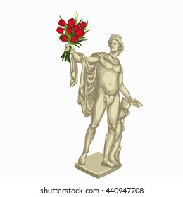 A stone statue of Apollo Belvedere with a bouquet of red tulips isolated on white background. Vector illustration.
