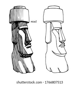 stone statue from Easter island, moai monument, exotic touristic landmark, vector illustration with black ink contour lines isolated on a white background in doodle & hand drawn style