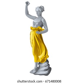 Stone Statue Of The Greek Goddess Adorned With Apparel Made Of Gold Isolated On A White Background. Cartoon Vector Close-up Illustration.