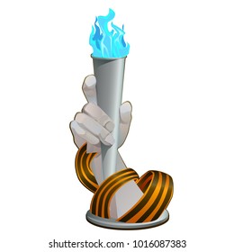 Stone statue of a human hand holding an ice torch isolated on white background. Striped victory Saint George ribbon. Vector cartoon close-up illustration.