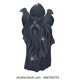 A stone statue of a man with two birds on his shoulders. Vector illustration.
