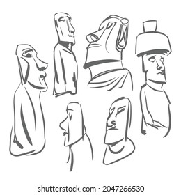 Stone statues from Easter Island vector sketches. Ancient stone idols. Chilean Moai Illustrations