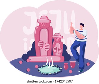 Stone statues and mountains. Man dancing national dance. Nature and architecture of Jeju island