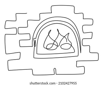 A stone stove, fired with wood, with a burning fire, a transparent door. Fireplace. Isolated illustration on a white background. Hand-drawn vector image. Relax in a country house