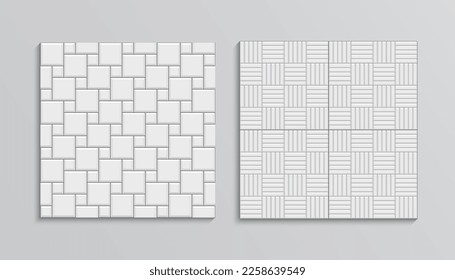Stone surface print. Slab pavement seamless texture. Paved floor. Set of paver tiles. Street pattern. Decorative sidewalk. Cobblestone print. Mosaic outdoor background. Vector illustration