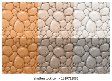 Stone surface vector seamless patterns set. Multicolor rocks, cobblestone textures collection. Orange, brown and grey stone wall background. Vintage wallpaper, creative textile print design.