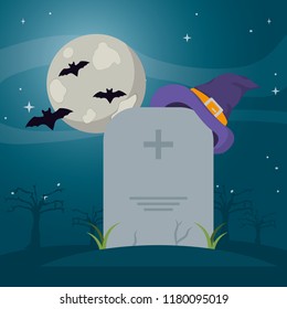 stone tablet with witch hat and bats