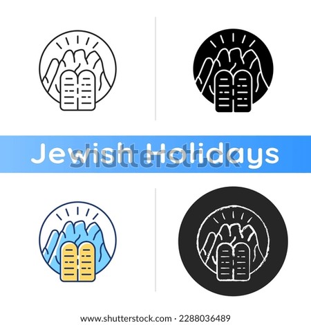 Stone Tablets icon. Receiving Ten Commandments at Mount Sinai. Testimony Tablets. Hebrew Bible. Divine revelation. Prophet Moses. Linear black and RGB color styles. Isolated vector illustrations