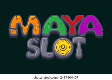 Stone text - Maya slot. Logo for ancient Mayan theme slot. Cartoon style. UI design, gambling mobile app concept for the themed Casino Game