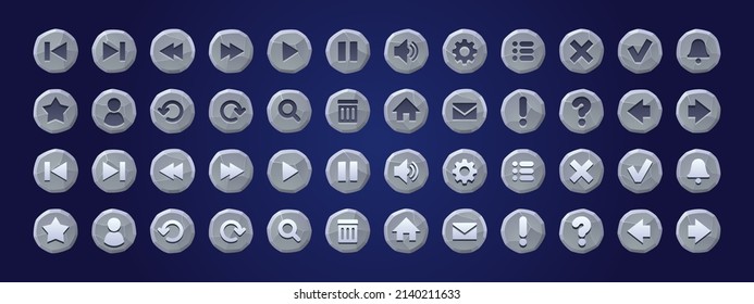 Stone texture buttons for game or app interface, menu ui design elements set. User key arrow, gear, pause and notification bell, replay, zoom, settings, message, home page, question, star Vector icons