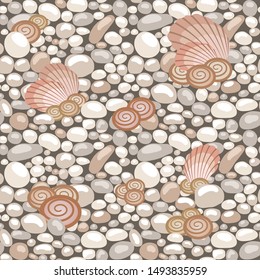 Stone texture with seashells, seamless pattern. Cobble, shingle, gravel, shells to create background. Vector illustration