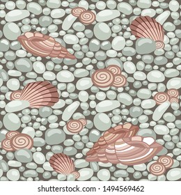 Stone texture with seashells, seamless pattern. Cobble, shingle, gravel, shells to create background. Vector illustration