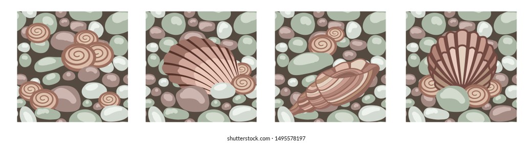 Stone texture with seashells, set of seamless patterns.  Vector illustration