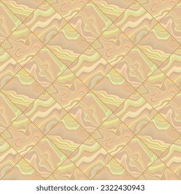 Parqué de piedra texturado sin fisuras. Estructura ondulada beige, rosa y verde sobre rombo, baldosas cuadradas. Mosaico geométrico abstracto de superficies líquidas y fluidas
