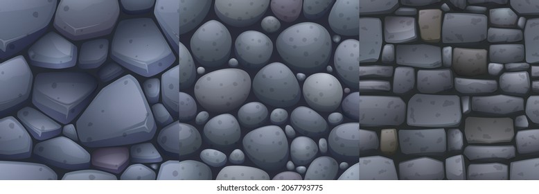 Stone textures of floor and wall for game background. Vector cartoon seamless patterns of pavement or square with cobblestones, rock bricks and blocks, rubble and pebble