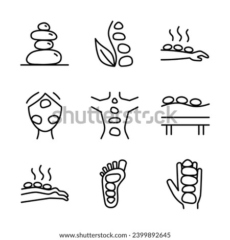 Stone therapy line icon. Lithotherapy sign symbol. Reflexology. Traditional chinese medicine. Massage. Health care and wellness. Complementary and alternative medicine types. Isolated vector set.