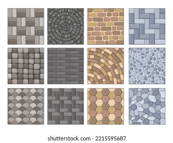 Texturas de azulejos de piedra ambientadas para el pavimento de la ciudad. Ilustraciones vectoriales del camino de adoquín con bloques de piedra de mosaico adoquinado. Vista superior de dibujos animados de un patrón de pavimento aislado en blanco. Caminata, concepto de pavimento