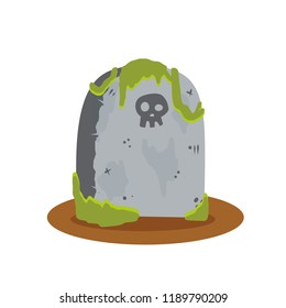 Stone tombstone over the grave in the cemetery. Old Monument with skull and moss. The element of the feast of all saints - Halloween.