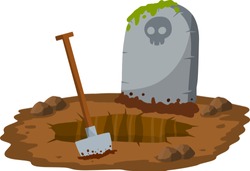 Stone Tombstone Stands On Ground With Grave. Skull On Stone. Detail Cemetery. Moss On Monument. Digging Hole With Shovel. Cartoon Illustration. Celebration Of Halloween