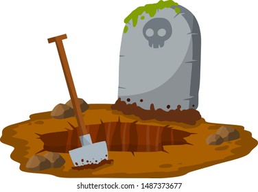 Stone Tombstone Stands On Ground With Grave. Celebration Of Halloween. Detail Cemetery. Moss On Monument. Digging Hole With Shovel. Cartoon Illustration. Skull On Stone
