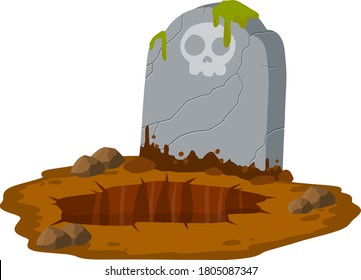 La lápida de piedra se erige en el suelo con una tumba. Celebración de Halloween. Calavera en piedra. Cementerio de detalles. Moss en el monumento. Ilustración de dibujos animados