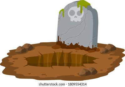 Stone tombstone stands on ground with grave. Celebration of Halloween. Skull on stone. Detail cemetery. Moss on monument. Cartoon illustration