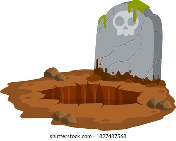 Stone tombstone stands on ground with grave. Celebration of Halloween. Cartoon illustration. Skull on stone. Detail cemetery. Moss on monument