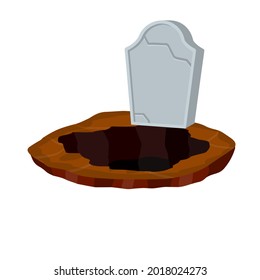 La lápida de piedra se erige en el suelo con una tumba. Celebración de Halloween. Calavera en piedra. Cementerio de detalles. Moss en el monumento. Ilustración de dibujos animados
