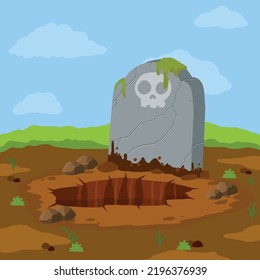 Stone tombstone stands on ground with grave. Detail cemetery. Moss on monument. Cartoon illustration. Celebration of Halloween. Skull on stone