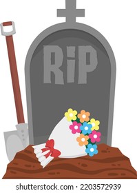 Stone tombstone stands on ground with grave. RIP on stone. Detail cemetery. Moss on monument. Ground with shovel. Flower bouquet. Cartoon illustration. Celebration of Halloween