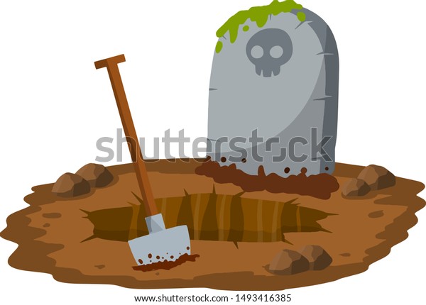 石の墓碑が地面に立ち墓が建つ 石の上の頭蓋骨 詳細墓地 記念碑にコケ ショベルで穴を掘る 漫画のイラスト ハロウィーンのお祝い のベクター画像素材 ロイヤリティフリー