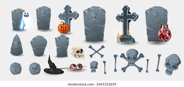 Stone tombstones. Ancient graveyard gravestones for Halloween and grave crosses, cartoon crypts, signed memorials, creepy mysterious monument