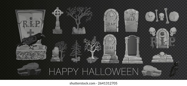 Stone tombstones. Ancient graveyard gravestones for Halloween and grave crosses, cartoon crypts, autographed memorials, crows, birds in the cemetery