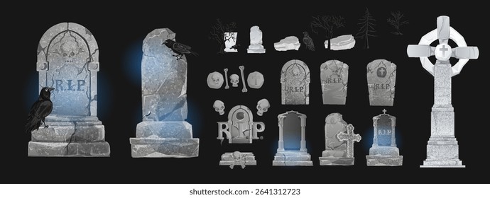 Stone tombstones. Ancient graveyard gravestones for Halloween and grave crosses, cartoon crypts, autographed memorials, crows, birds in the cemetery