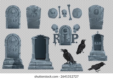Stone tombstones. Ancient graveyard gravestones for Halloween and grave crosses, cartoon crypts, autographed memorials, crows, birds in the cemetery